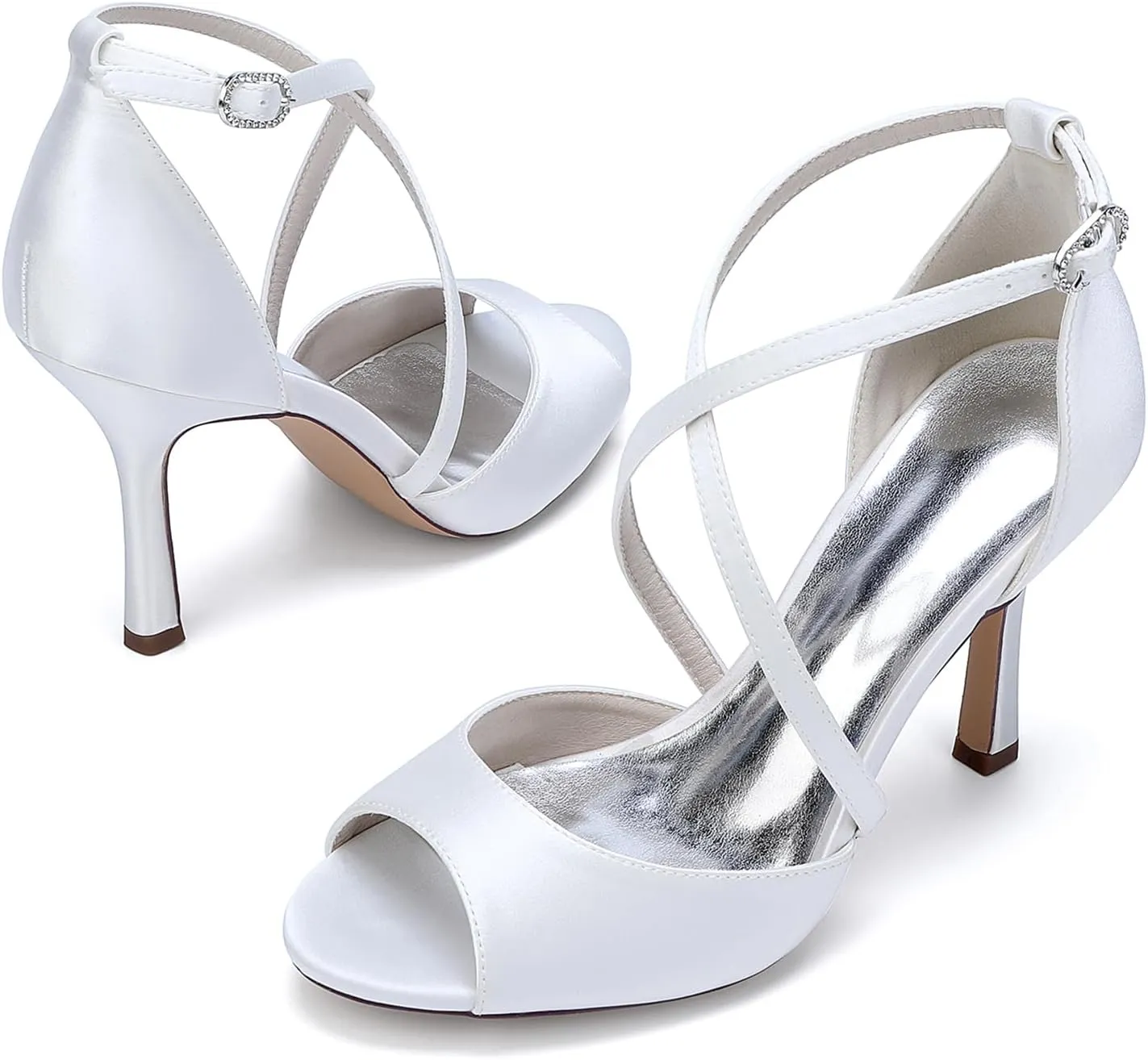 Women's Stiletto Heel Sandal Open Toe Back Heel Zip Ankle Strap Satin Wedding Evening Party Shoes with Diamante