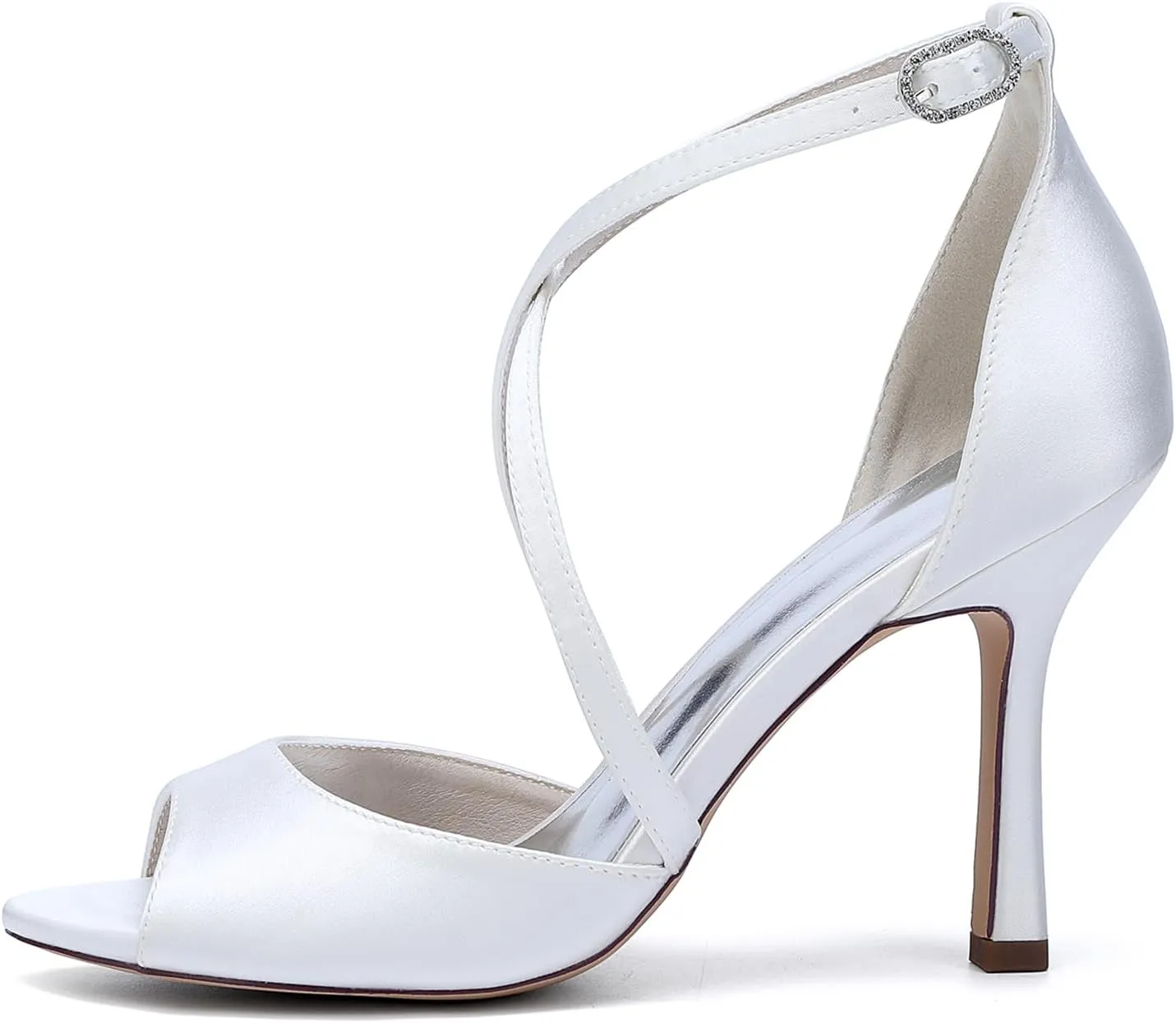 Women's Stiletto Heel Sandal Open Toe Back Heel Zip Ankle Strap Satin Wedding Evening Party Shoes with Diamante