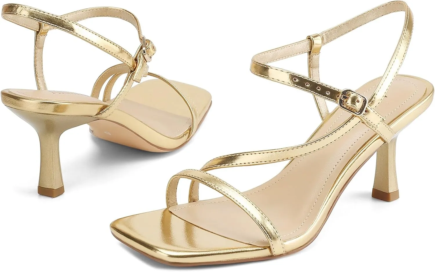 Womens Strappy Heels Kitten Low Heeled Sandals Square Open Toe Ankle Strap Party Wedding Dress Shoes
