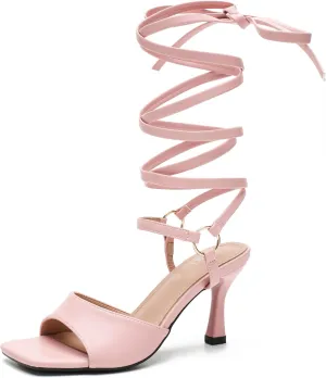Women's Strappy Lace Up Heels Low Kitten Open Square Toe Ankle Strap Heels Sexy Fashion Comfort Dress Shoes Party Pumps Heeled Sandals