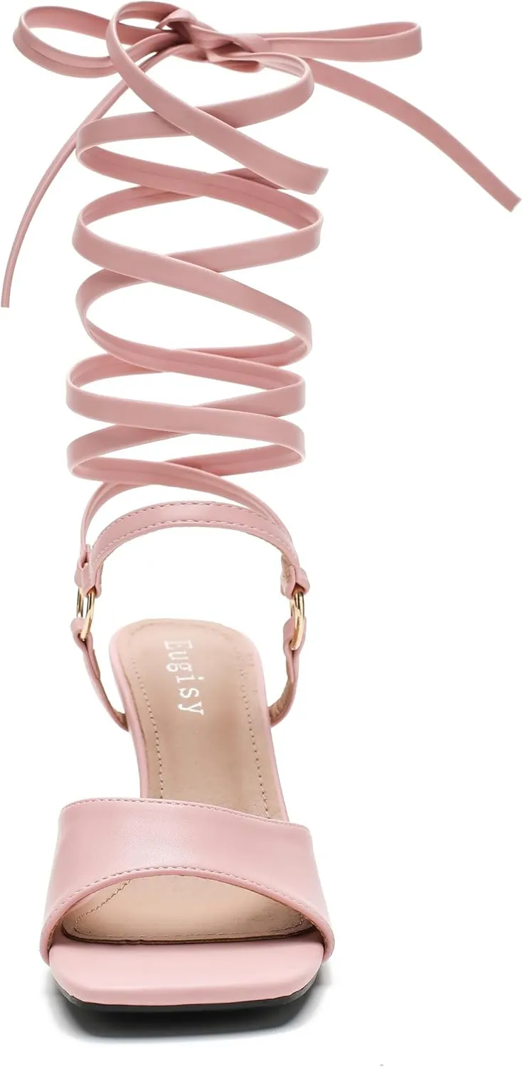 Women's Strappy Lace Up Heels Low Kitten Open Square Toe Ankle Strap Heels Sexy Fashion Comfort Dress Shoes Party Pumps Heeled Sandals