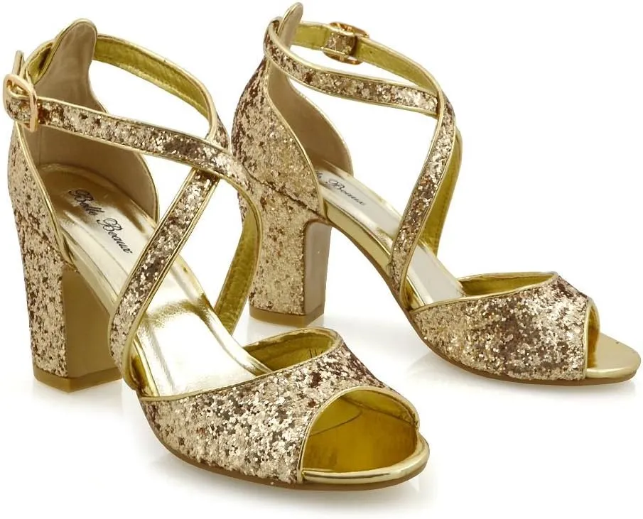 Womens Strappy Sandals Block Low Mid Heel Sparkly Glitter Ladies Bridal Party Dressy Shoes