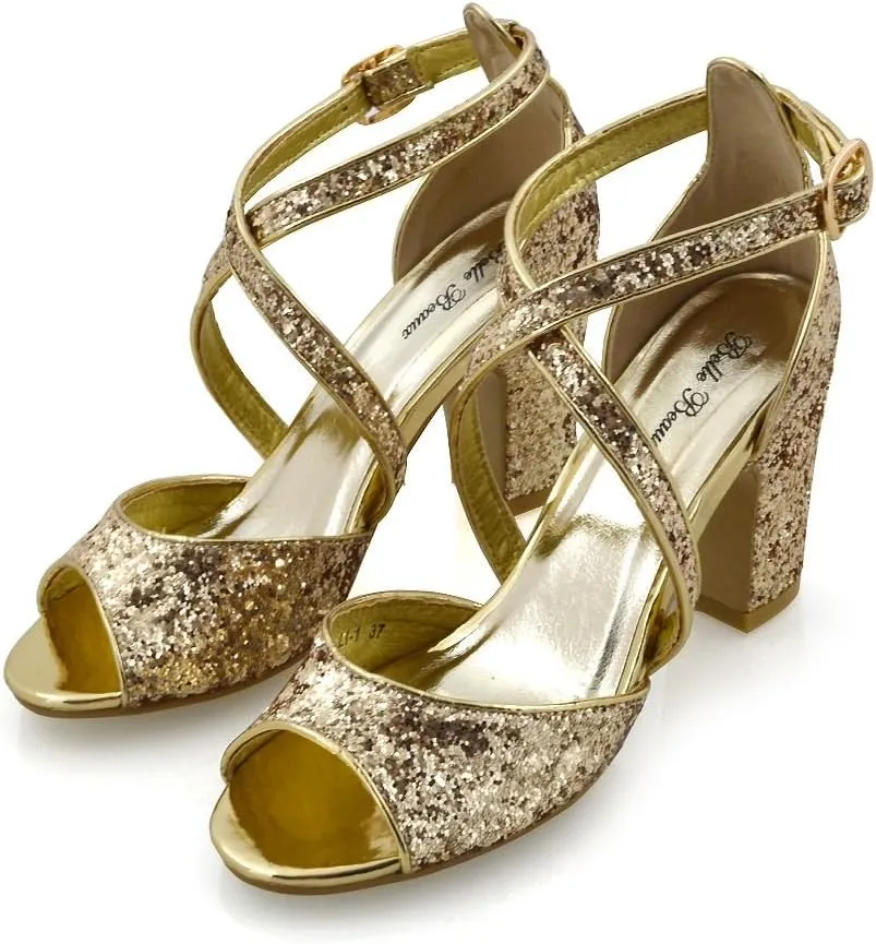Womens Strappy Sandals Block Low Mid Heel Sparkly Glitter Ladies Bridal Party Dressy Shoes