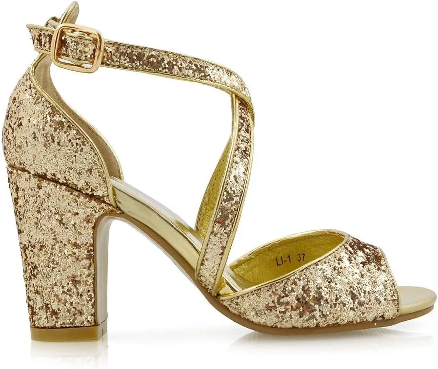 Womens Strappy Sandals Block Low Mid Heel Sparkly Glitter Ladies Bridal Party Dressy Shoes