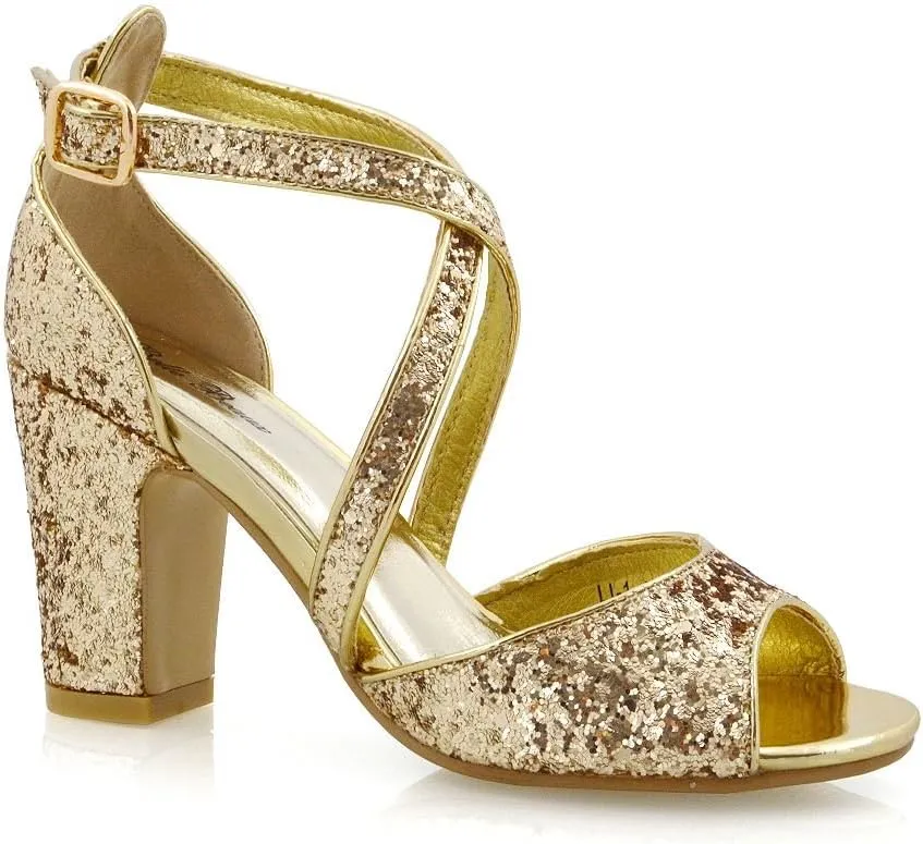 Womens Strappy Sandals Block Low Mid Heel Sparkly Glitter Ladies Bridal Party Dressy Shoes