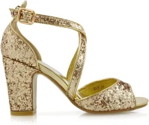 Womens Strappy Sandals Block Low Mid Heel Sparkly Glitter Ladies Bridal Party Dressy Shoes