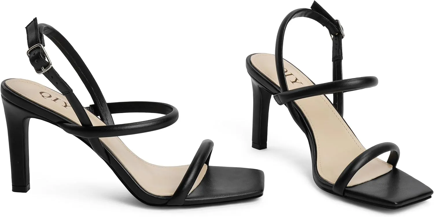 Womens Strappy Sandals Open Toe Ankle Strap Heeled Sandals Square Toe High Heels for Women