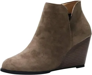 Women's Suede Wedge Ankle Boots V Cut Classic Solid Side Zipper Wedge Booties Shoes