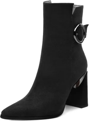 Womens Suede Zip Chunky Heel Ankle Boots,Pointed Toe Mid Block Heel Booties,Work Party Daily Boots 3.5 inch