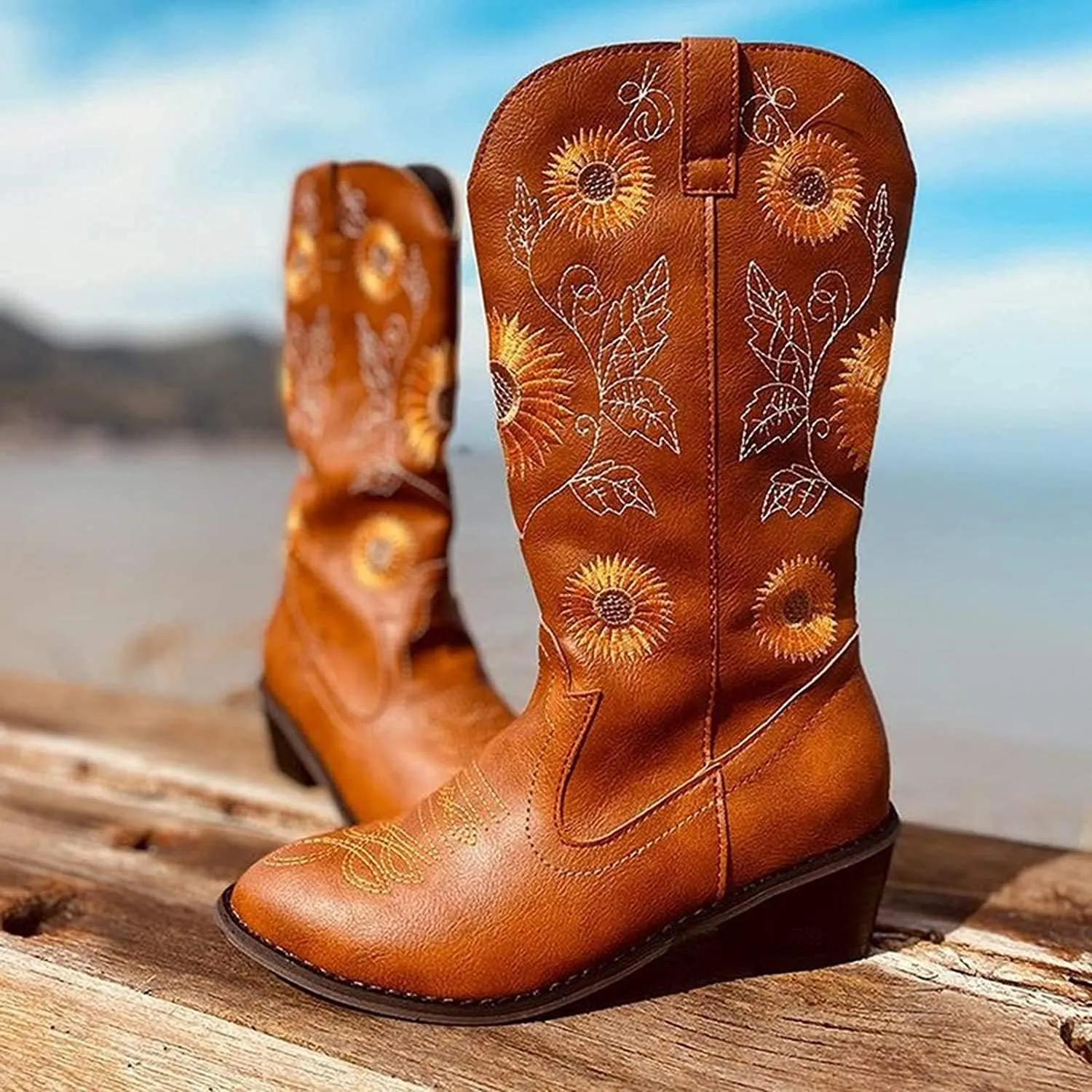 Womens Sunflower Embroidered Western Cowboy Boots Rider Boots, Vintage Pointed Toe Wedge Mid Calf Chunky Heel Work Boots
