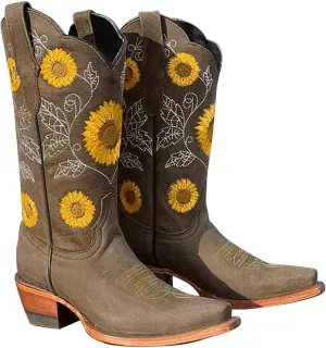 Womens Sunflower Embroidered Western Cowboy Boots Rider Boots, Vintage Pointed Toe Wedge Mid Calf Chunky Heel Work Boots