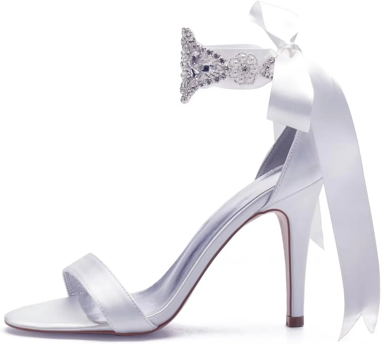 Women's White Heeled Sandals with Beaded Decoration Stiletto Heels Open Toe Wedding High Heels Evening Dressy Shoes