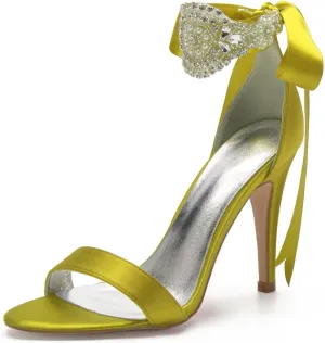 Women's White Heeled Sandals with Beaded Decoration Stiletto Heels Open Toe Wedding High Heels Evening Dressy Shoes
