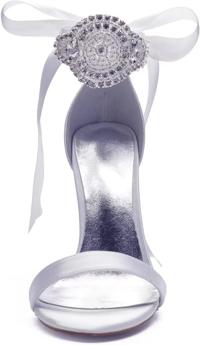 Women's White Heeled Sandals with Beaded Decoration Stiletto Heels Open Toe Wedding High Heels Evening Dressy Shoes
