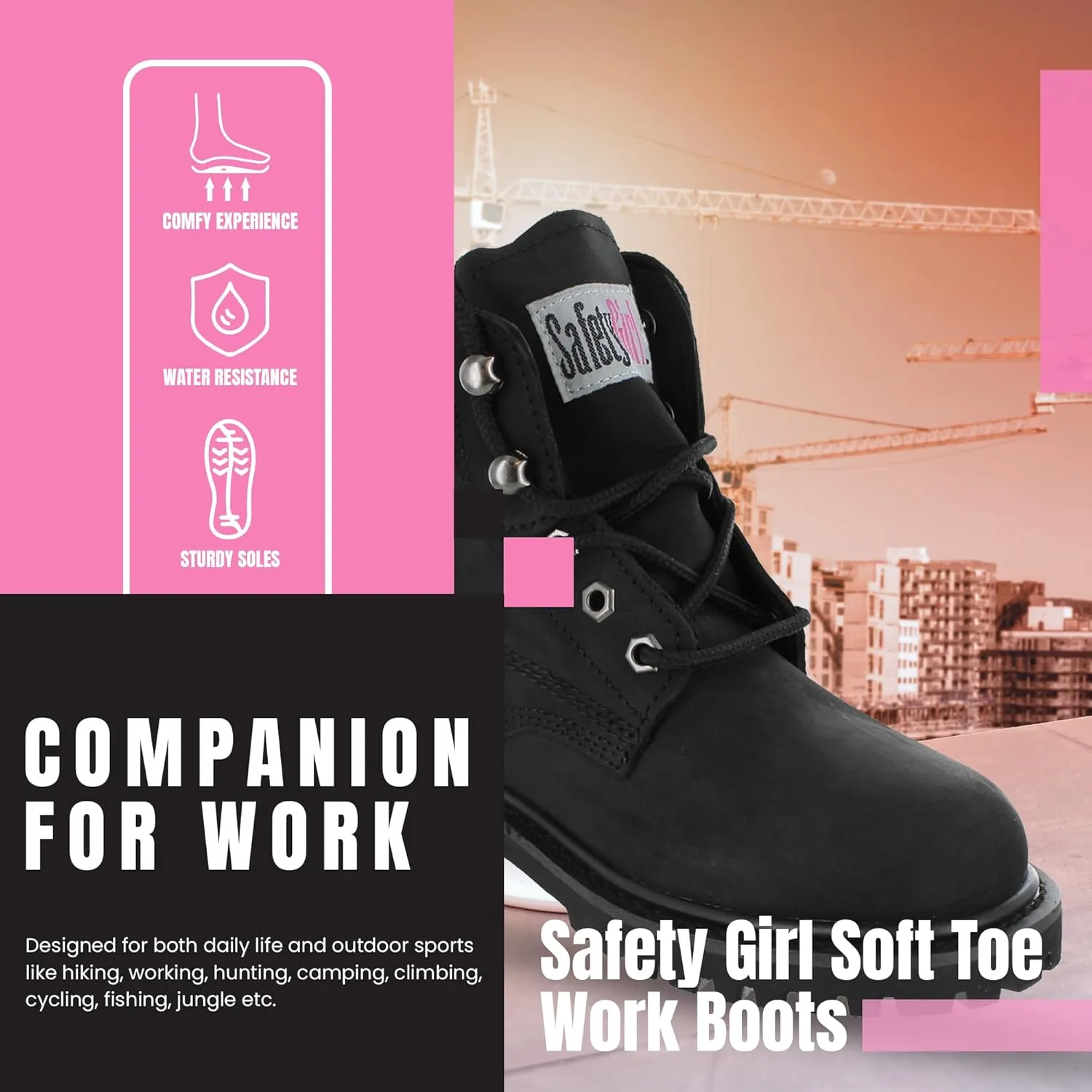 Women’s Work Boots | Waterproof Leather Work Boots for Women | Oil & Slip-Resistant Soft Toe Boots for Women | Premium Nubuck Leather | Lightweight and Comfortable | Black Leather - 7.5W