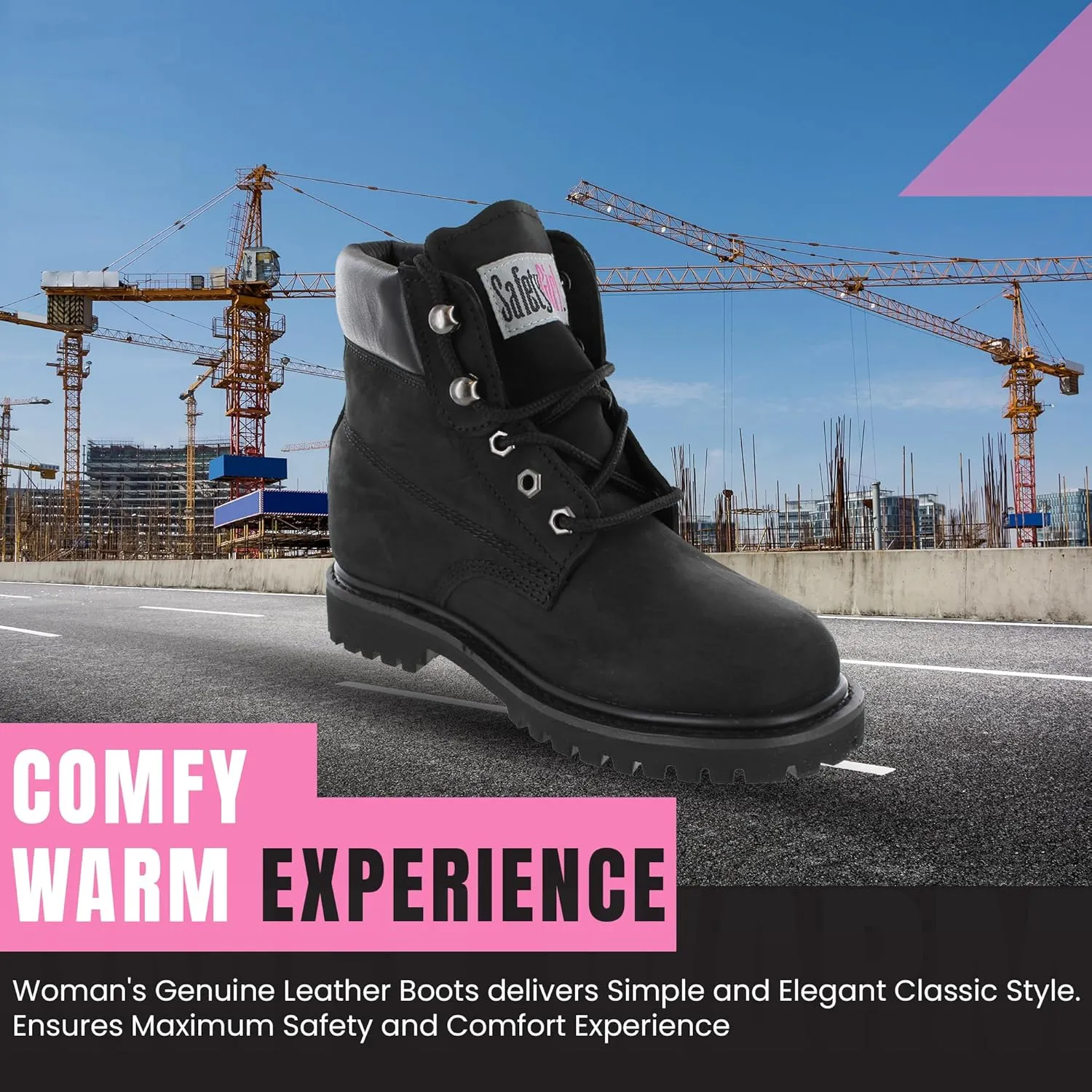 Women’s Work Boots | Waterproof Leather Work Boots for Women | Oil & Slip-Resistant Soft Toe Boots for Women | Premium Nubuck Leather | Lightweight and Comfortable | Black Leather - 7.5W