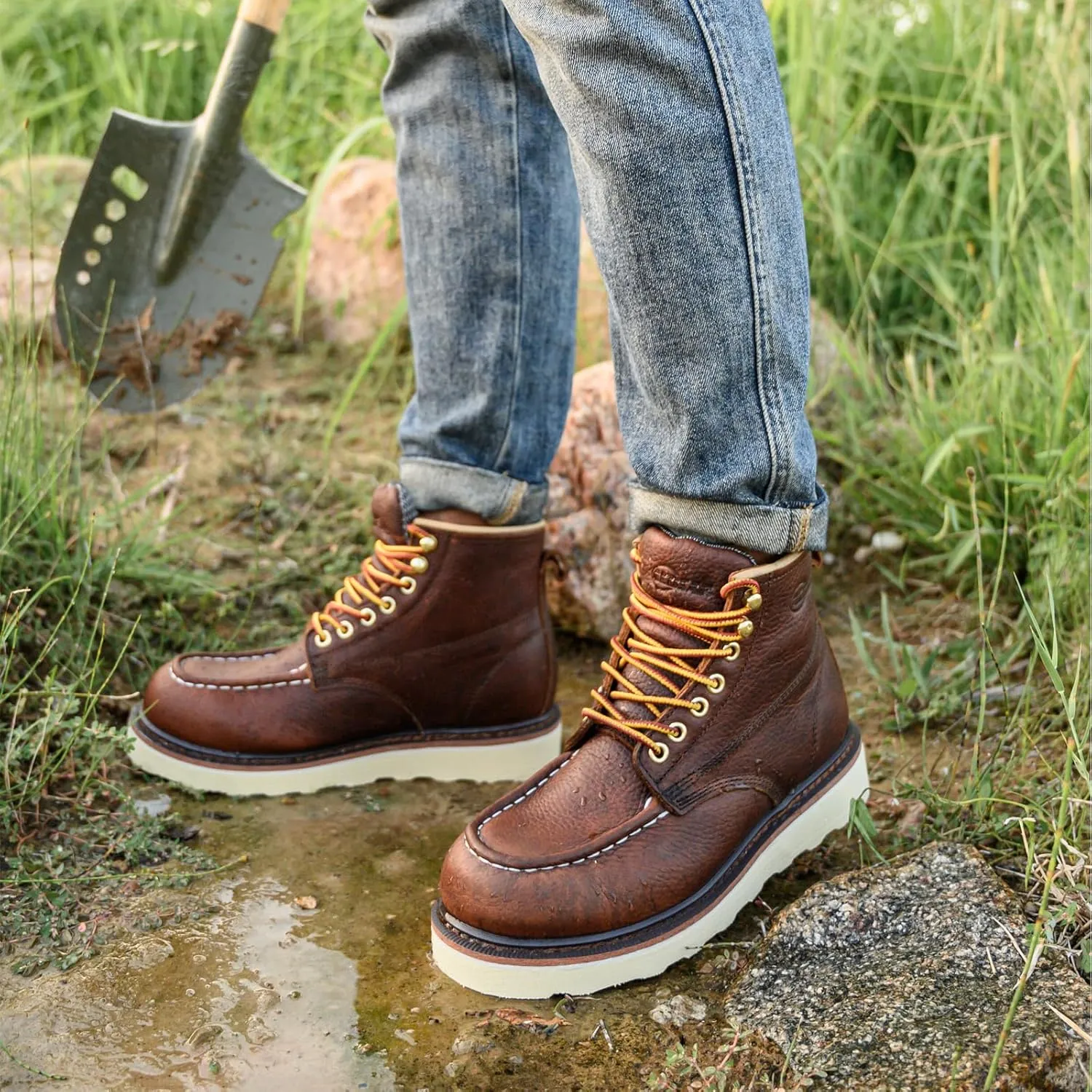 Work Boots for Men - 6 Inch Wedge Soft Toe Mens Work Boots, Waterproof Construction Work Shoes