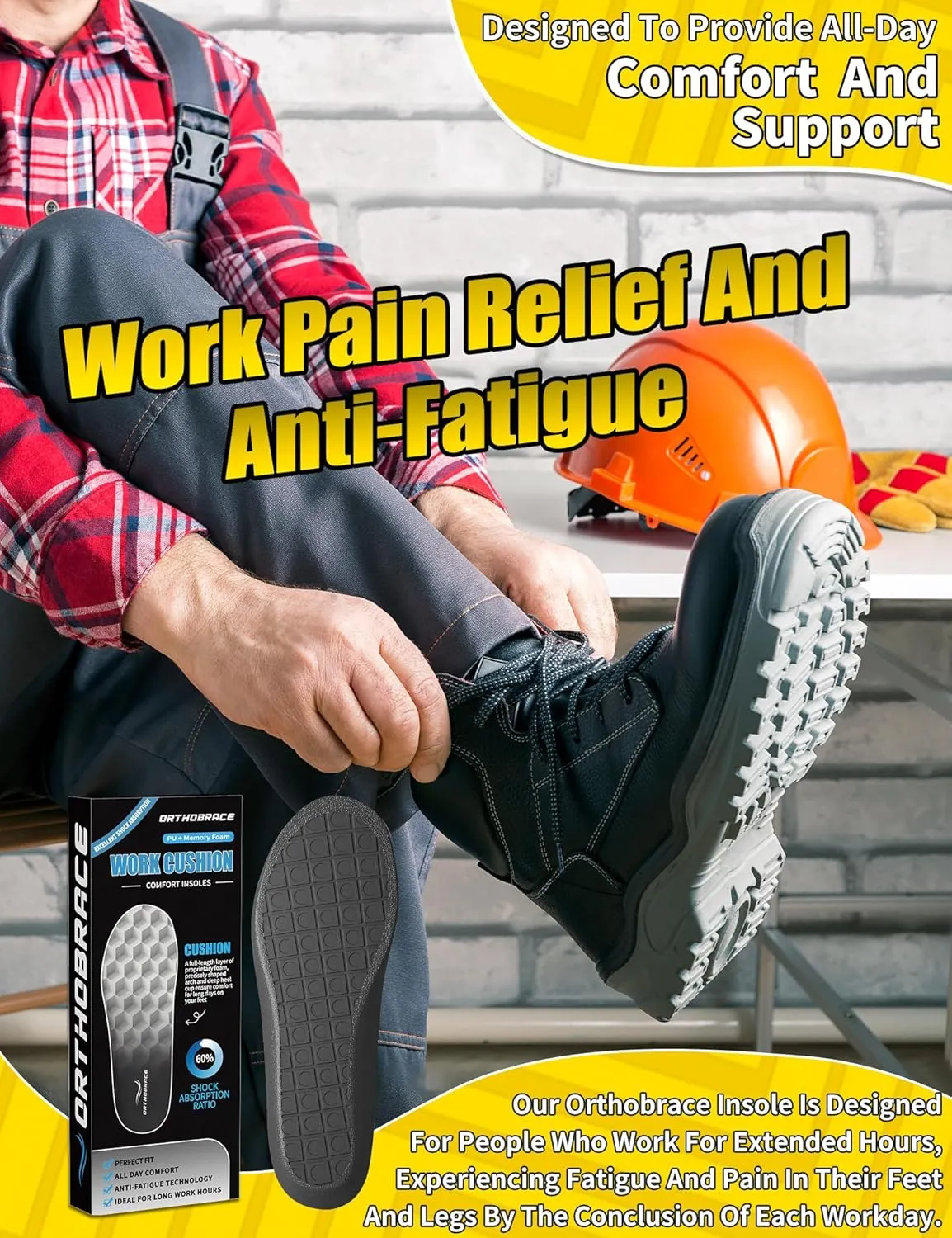 Work Cushion Insoles, Anti-Fatigue Inserts for All-Day Comfort and Shock Absorption, Men Women Work Boot Insoles, Memory Foam Perfect Fit, Ideal for Long Work Hours-F