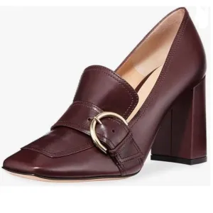 YDN Dark Red Chunky High Heels Square Toe Loafer Shoe Slip On Office Buckle Pump