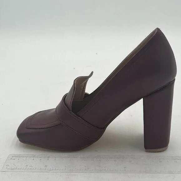 YDN Dark Red Chunky High Heels Square Toe Loafer Shoe Slip On Office Buckle Pump