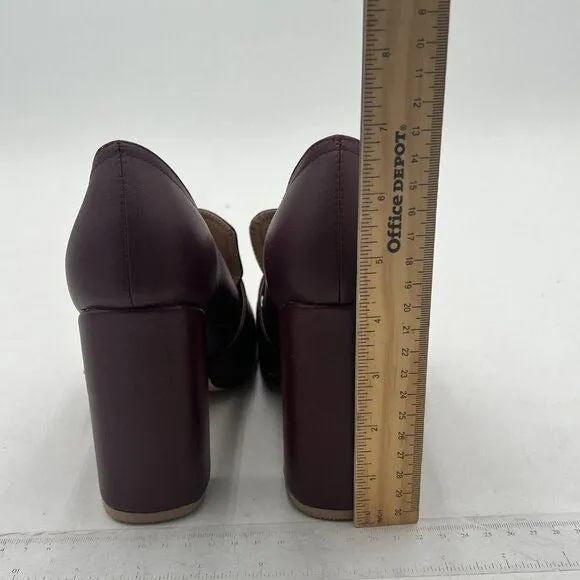 YDN Dark Red Chunky High Heels Square Toe Loafer Shoe Slip On Office Buckle Pump