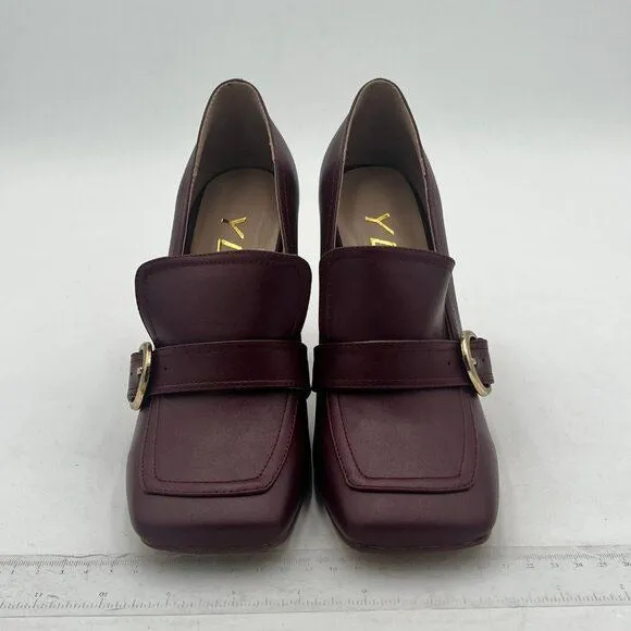 YDN Dark Red Chunky High Heels Square Toe Loafer Shoe Slip On Office Buckle Pump