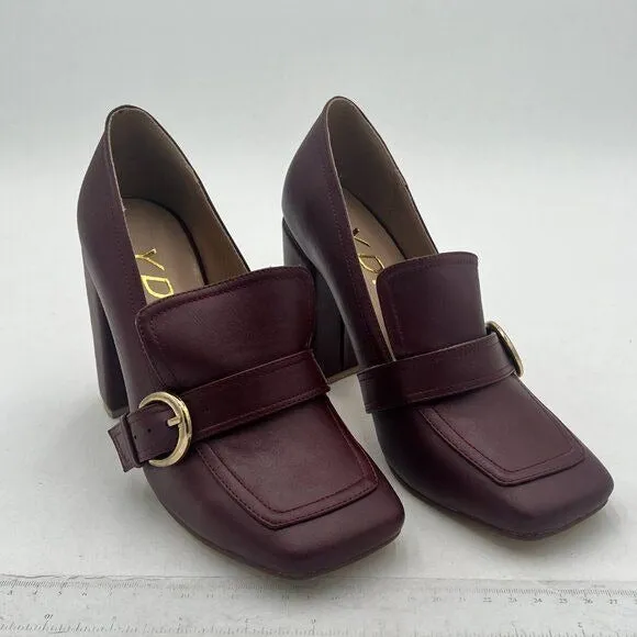YDN Dark Red Chunky High Heels Square Toe Loafer Shoe Slip On Office Buckle Pump