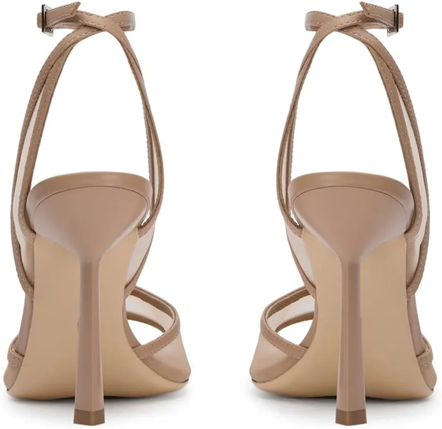 YIYA Women's Black Mesh Slingback Kitten Heels Sandals Open Peep Pointed Toe Stiletto High Heels Ankle Buckle Strap Summer Party Dress Pumps Shoes