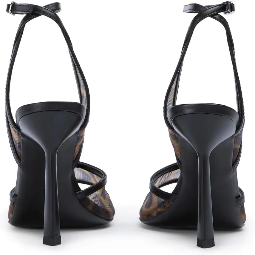 YIYA Women's Black Mesh Slingback Kitten Heels Sandals Open Peep Pointed Toe Stiletto High Heels Ankle Buckle Strap Summer Party Dress Pumps Shoes