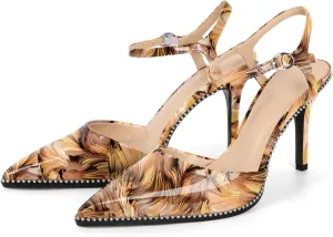 YODEKS Women's Ankle Strap Slingback Heels Pointed Toe Beaded High Heel Pumps 3.5 Inch Shoes Size 5-13