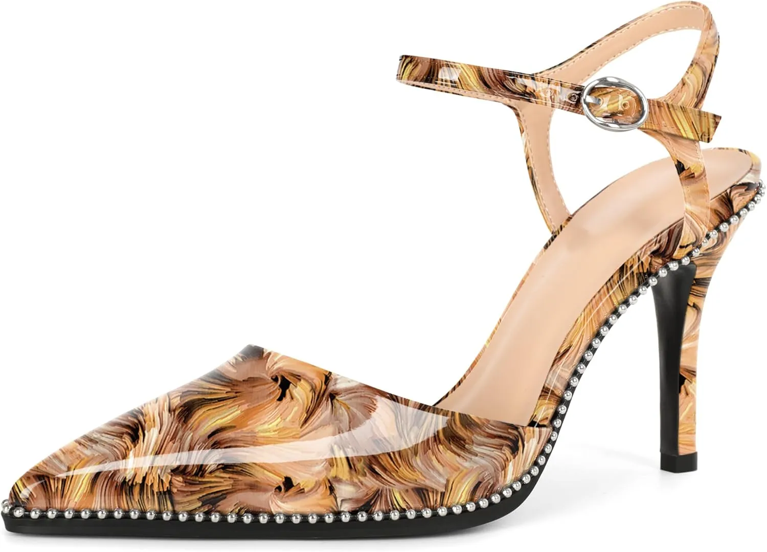 YODEKS Women's Ankle Strap Slingback Heels Pointed Toe Beaded High Heel Pumps 3.5 Inch Shoes Size 5-13