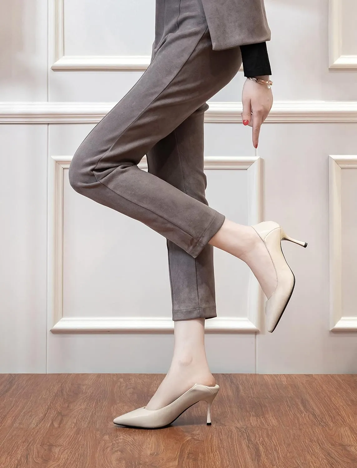 YooPrettyz Women Pointed Toe Dressy Pumps Shoes Polished Leather Office Pumps Foldable Back Slide Heels