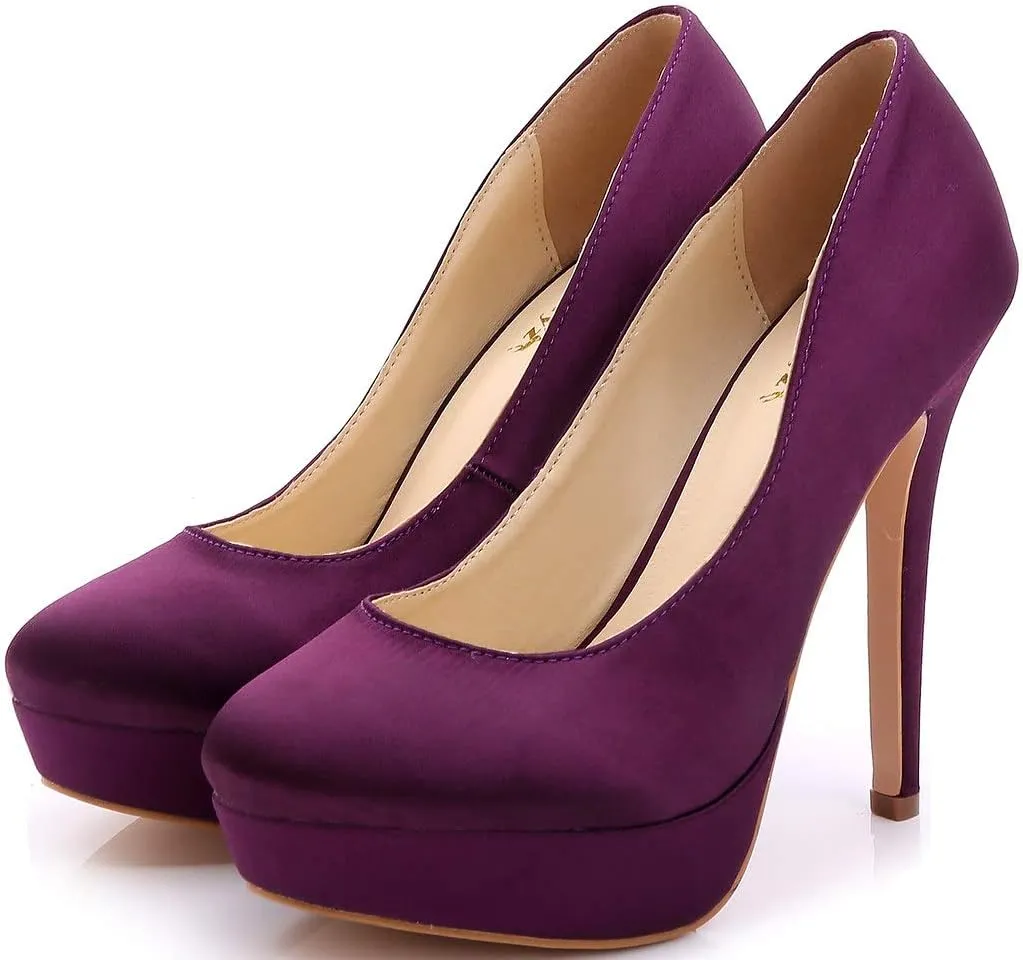 YooPrettyz Women Round Toe Wedding Pumps Platform Satin Stiletto Slip On Evening Heels