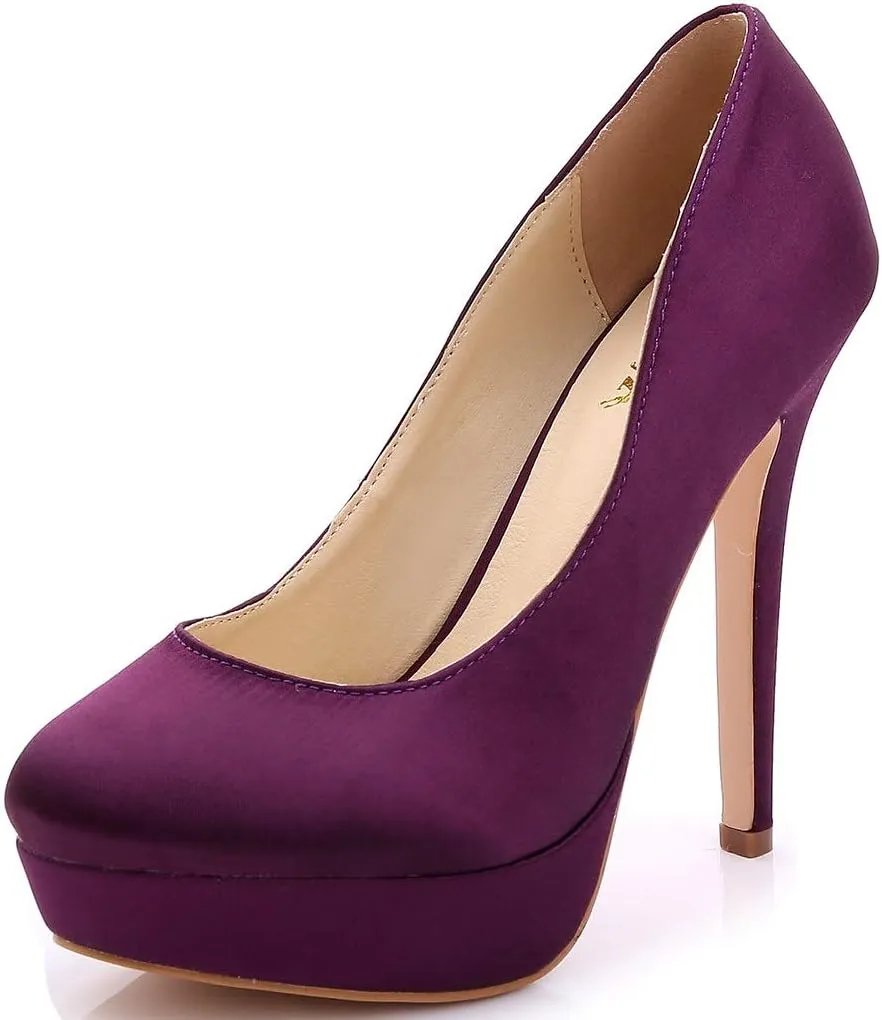 YooPrettyz Women Round Toe Wedding Pumps Platform Satin Stiletto Slip On Evening Heels