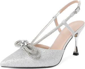Zamikoo Rhinestone Bow Heels for Women Slingback Pointed Toe High Heels 3.5 Inches