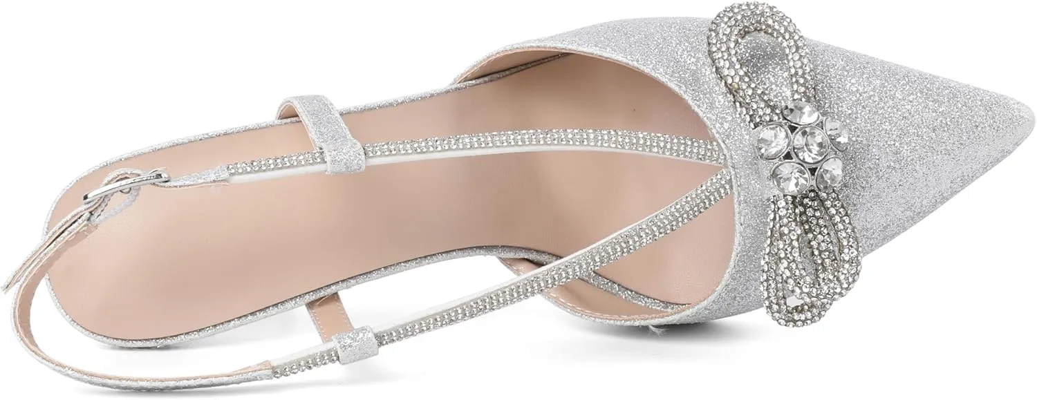 Zamikoo Rhinestone Bow Heels for Women Slingback Pointed Toe High Heels 3.5 Inches