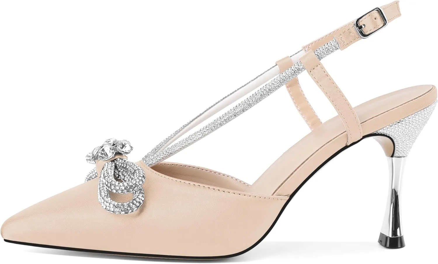 Zamikoo Rhinestone Bow Heels for Women Slingback Pointed Toe High Heels 3.5 Inches