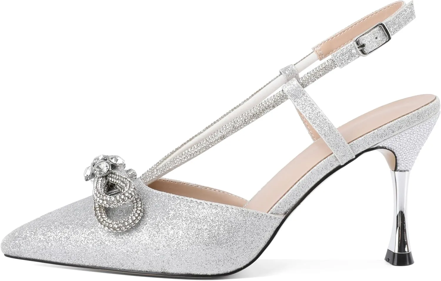 Zamikoo Rhinestone Bow Heels for Women Slingback Pointed Toe High Heels 3.5 Inches