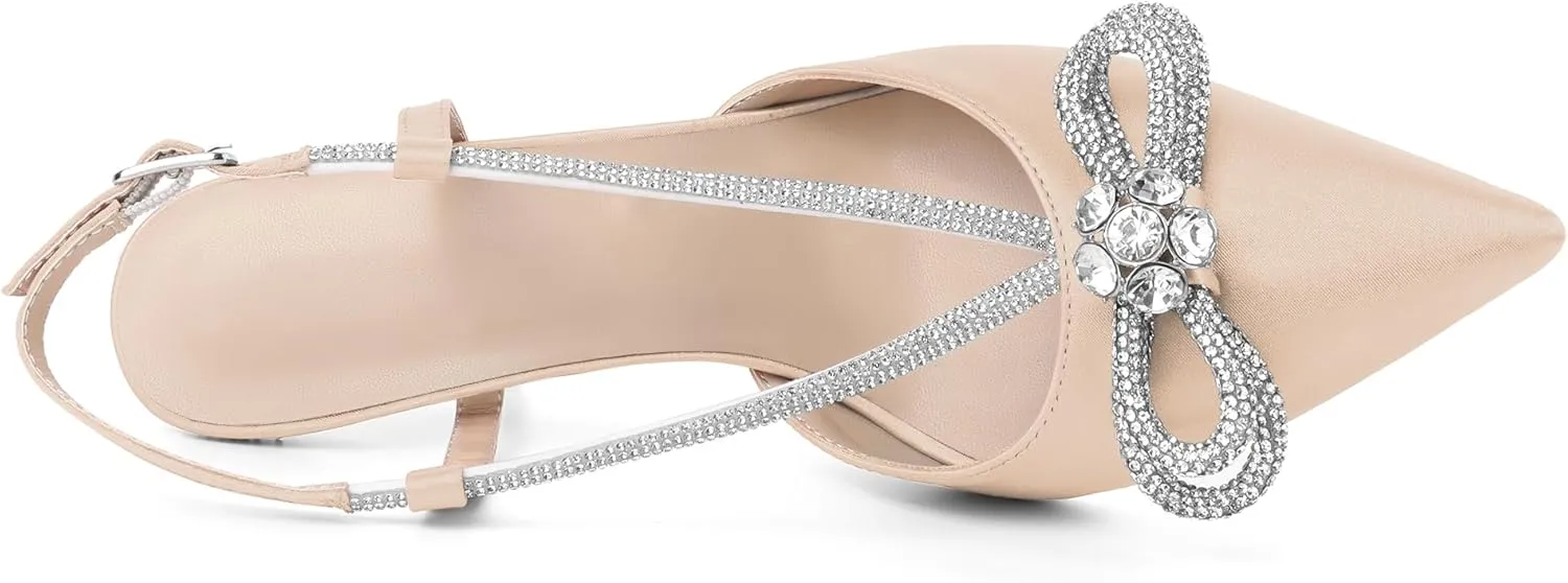 Zamikoo Rhinestone Bow Heels for Women Slingback Pointed Toe High Heels 3.5 Inches