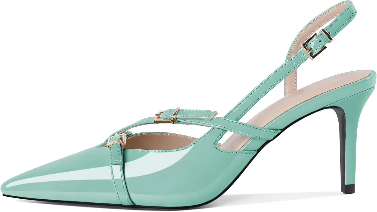 Zamikoo Slingback Heels for Women Buckle Strap Pointed Toe Slip On Stiletto High Heel Pumps Shoes Patent Leather 3 Inches