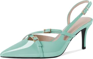 Zamikoo Slingback Heels for Women Buckle Strap Pointed Toe Slip On Stiletto High Heel Pumps Shoes Patent Leather 3 Inches