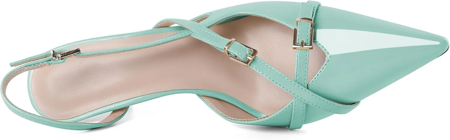 Zamikoo Slingback Heels for Women Buckle Strap Pointed Toe Slip On Stiletto High Heel Pumps Shoes Patent Leather 3 Inches