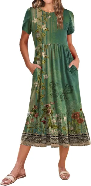 Zeagoo Women Summer Midi A Line Dress Short Sleeve Casual Flowy Tiered Beach Long Sundress with Pockets 2025 Vacation Travel