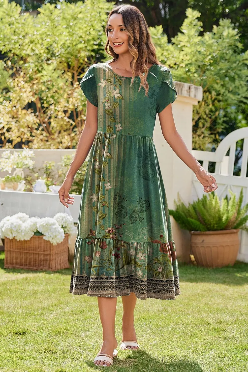 Zeagoo Women Summer Midi A Line Dress Short Sleeve Casual Flowy Tiered Beach Long Sundress with Pockets 2025 Vacation Travel