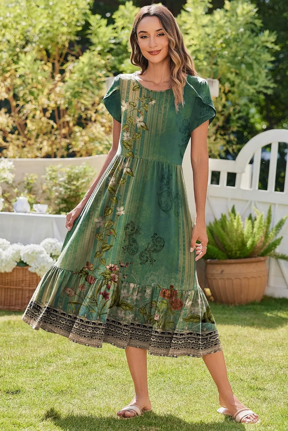 Zeagoo Women Summer Midi A Line Dress Short Sleeve Casual Flowy Tiered Beach Long Sundress with Pockets 2025 Vacation Travel