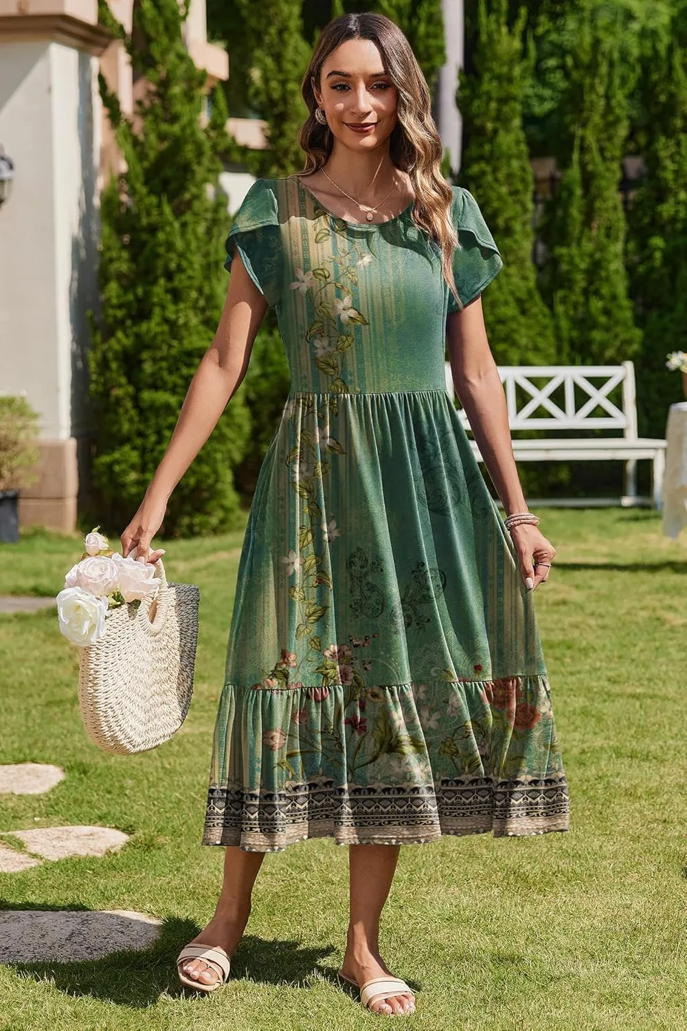 Zeagoo Women Summer Midi A Line Dress Short Sleeve Casual Flowy Tiered Beach Long Sundress with Pockets 2025 Vacation Travel