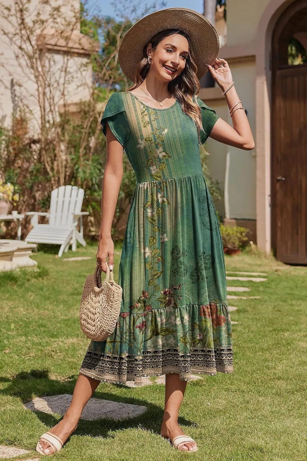 Zeagoo Women Summer Midi A Line Dress Short Sleeve Casual Flowy Tiered Beach Long Sundress with Pockets 2025 Vacation Travel