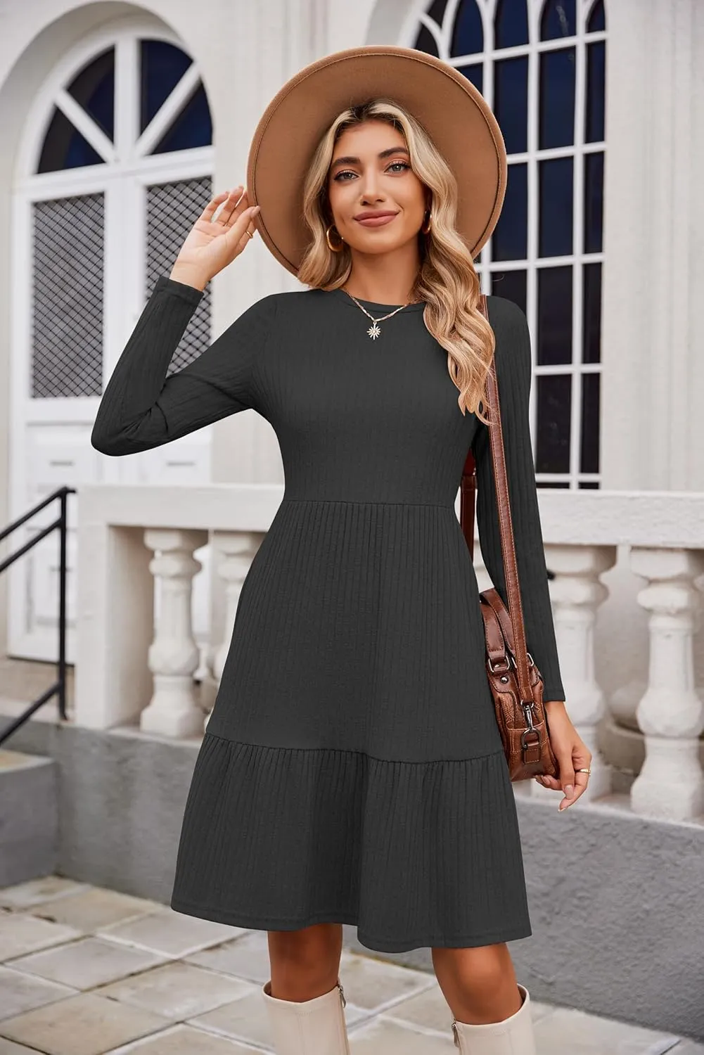 Zeagoo Womens Long Sleeve Fall Dresses with Pockets 2024 Ribbed Knit Casual Crew Neck Knee Length Sweater Dress