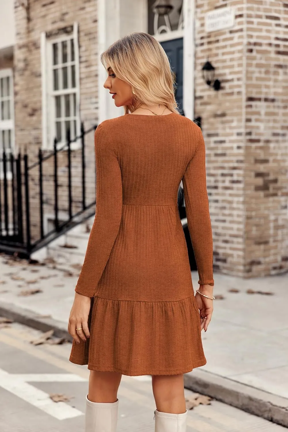 Zeagoo Womens Long Sleeve Fall Dresses with Pockets 2024 Ribbed Knit Casual Crew Neck Knee Length Sweater Dress