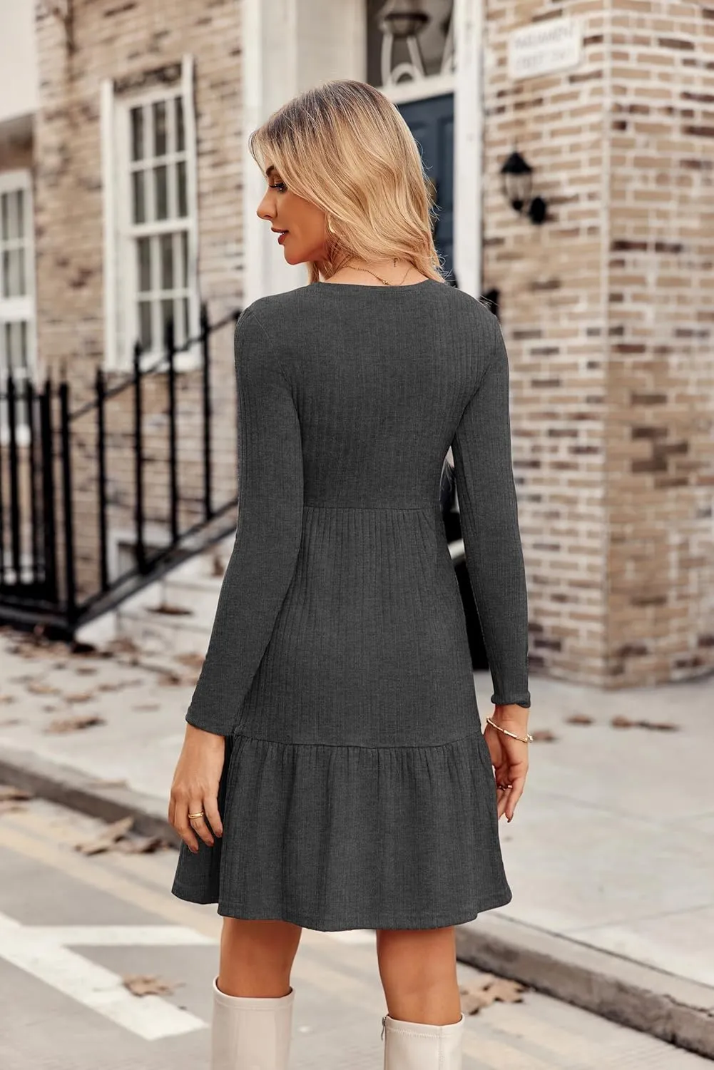 Zeagoo Womens Long Sleeve Fall Dresses with Pockets 2024 Ribbed Knit Casual Crew Neck Knee Length Sweater Dress
